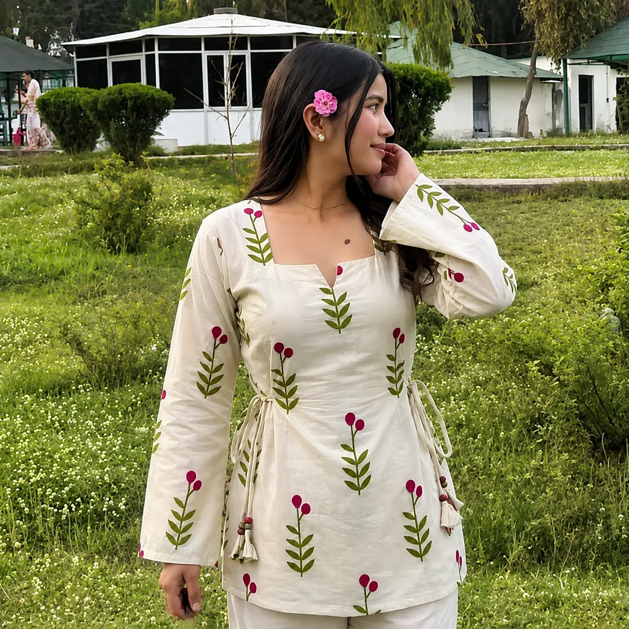 Cotton Printed Designer Kurti | Ivory Green & Red Floral Print